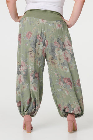 Khaki| Floral Ruched Waist Harem Trousers
