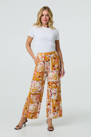 Orange | Patchwork Print High Waist Wide Leg Trousers : Model is 5'10