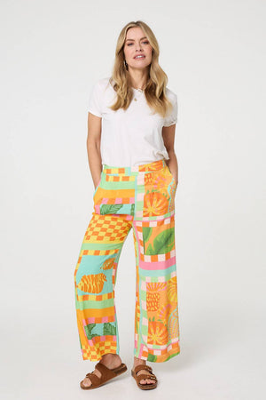 Orange | Tropical Tile Print Wide Leg Trousers : Model is 5'10