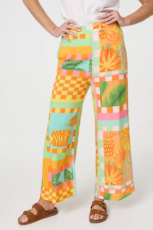 Orange | Tropical Tile Print Wide Leg Trousers

