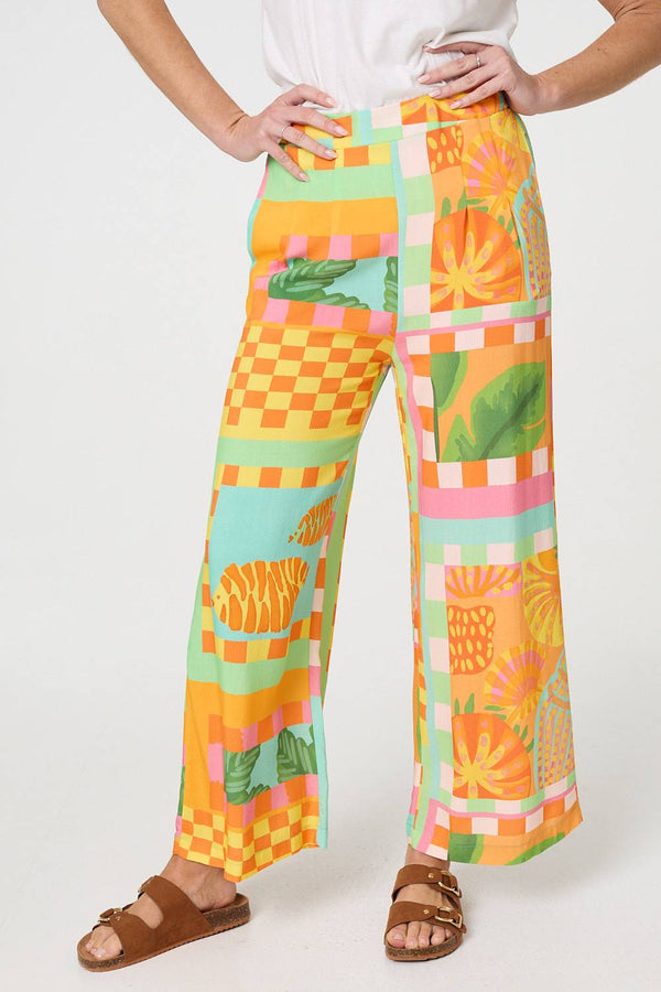Orange | Tropical Tile Print Wide Leg Trousers
