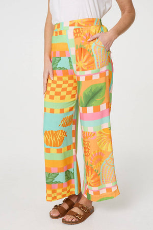 Orange | Tropical Tile Print Wide Leg Trousers
