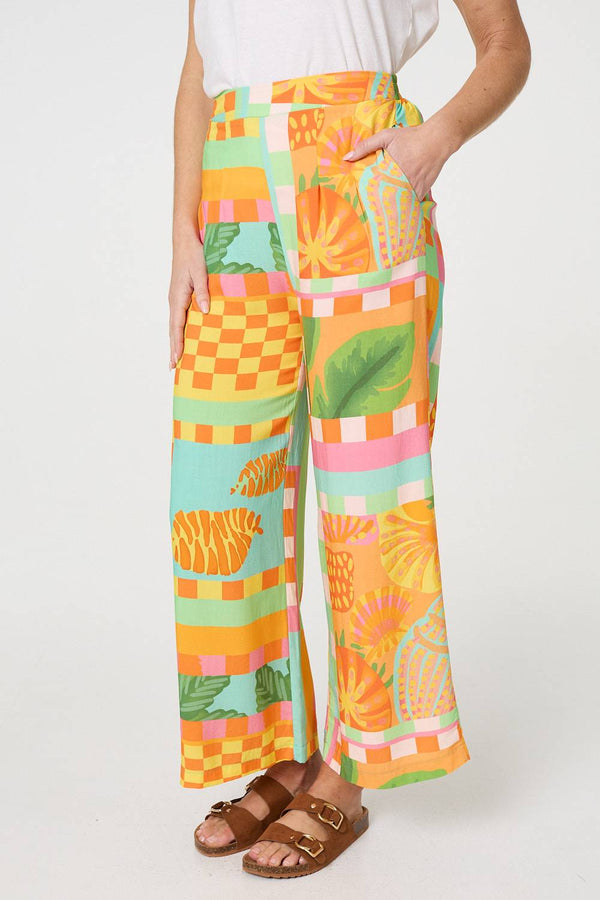 Orange | Tropical Tile Print Wide Leg Trousers
