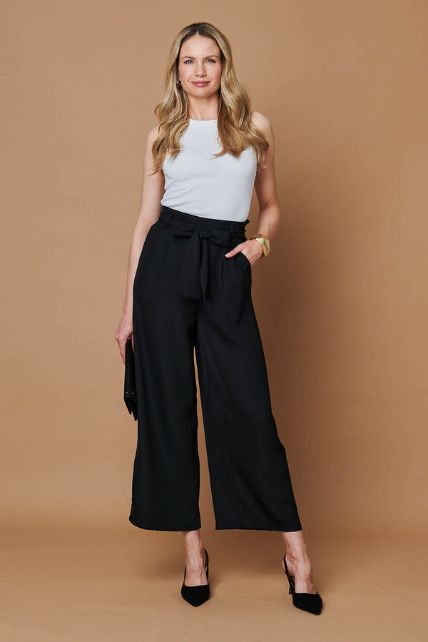 Black | Tie Front High Waist Wide Leg Trousers