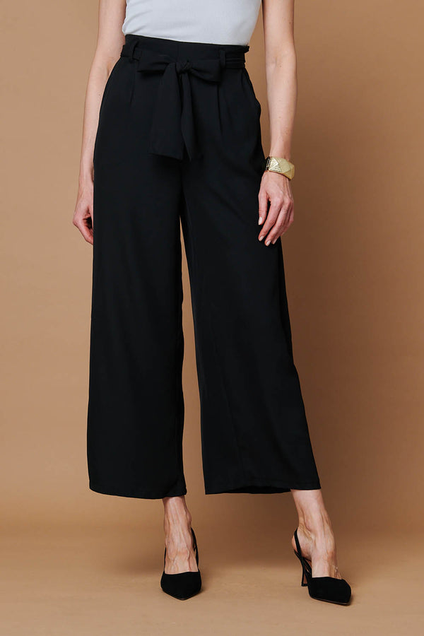 Black | Tie Front High Waist Wide Leg Trousers