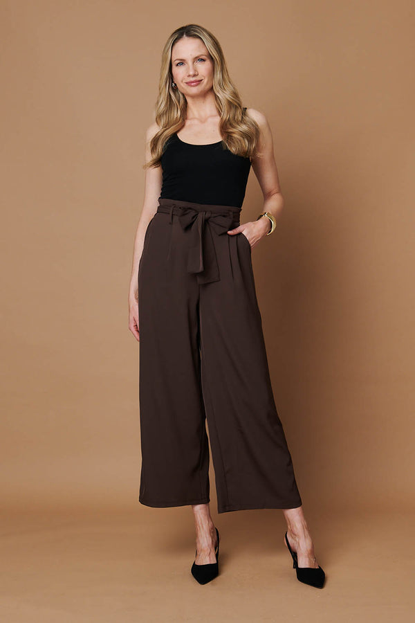 Brown | Tie Front High Waist Wide Leg Trousers