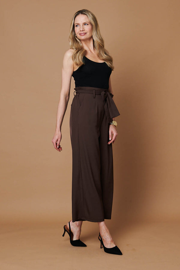 Brown | Tie Front High Waist Wide Leg Trousers