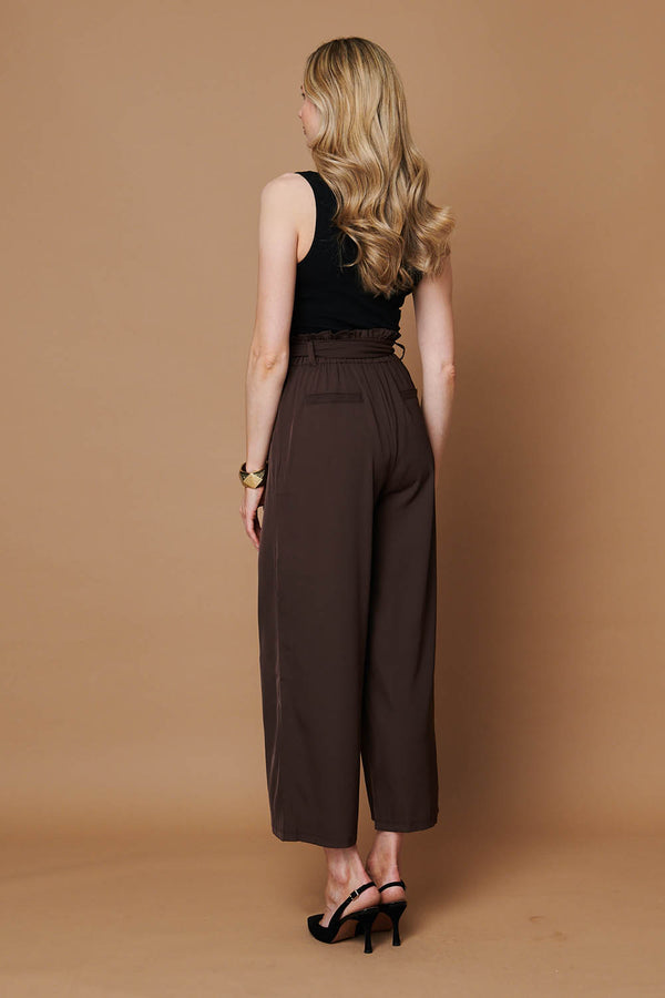 Brown | Tie Front High Waist Wide Leg Trousers