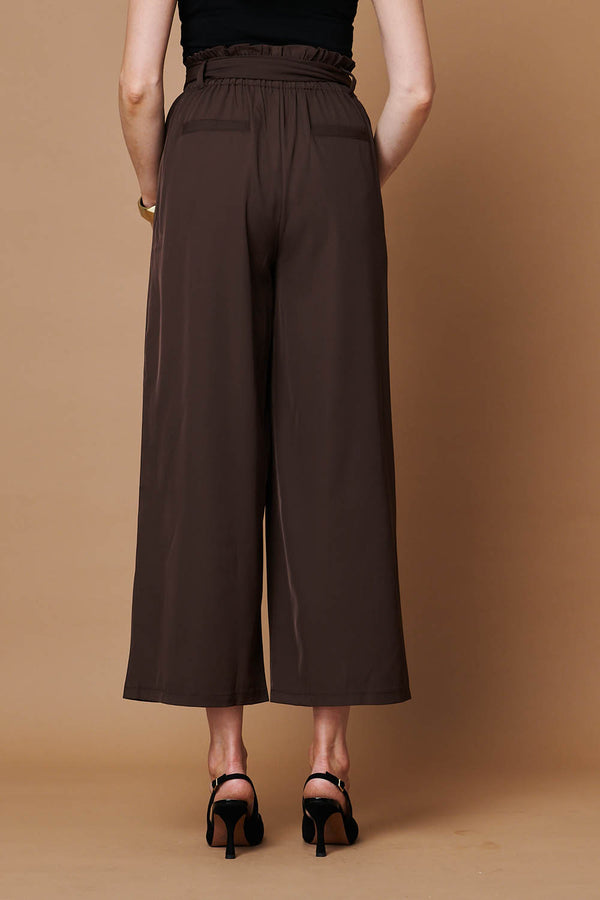 Brown | Tie Front High Waist Wide Leg Trousers