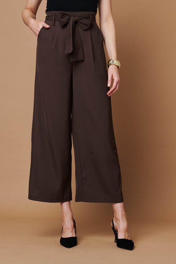 Brown | Tie Front High Waist Wide Leg Trousers