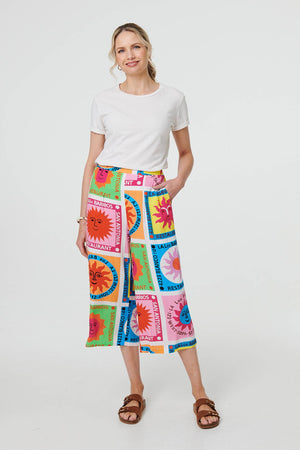 Orange | Patchwork Print Wide Leg Crop Trousers
