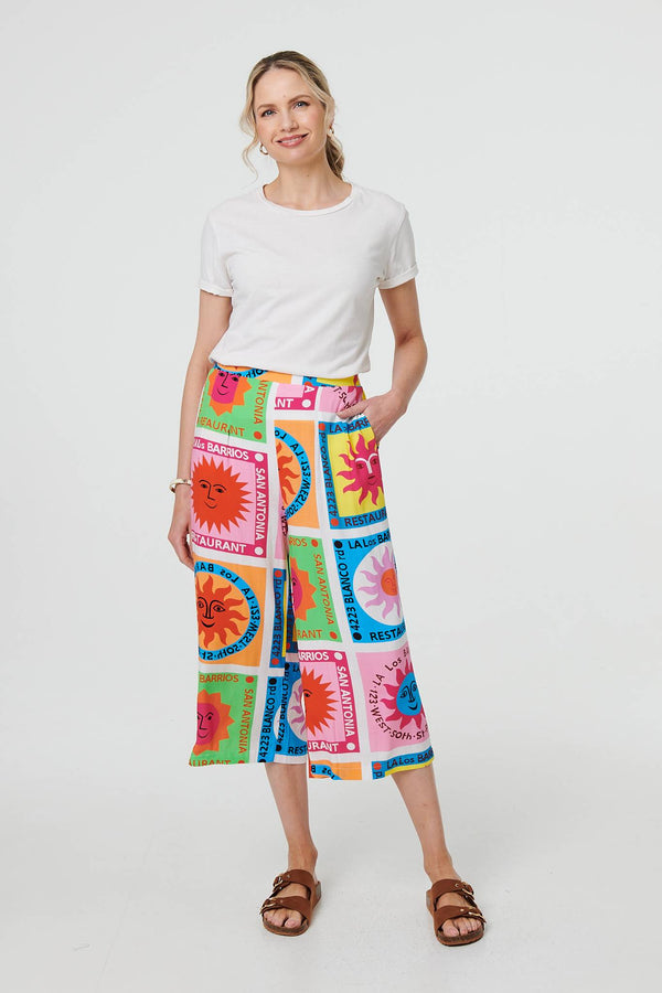 Orange | Patchwork Print Wide Leg Crop Trousers
