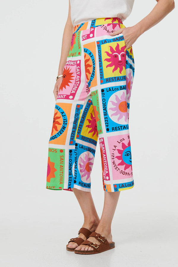 Orange | Patchwork Print Wide Leg Crop Trousers
