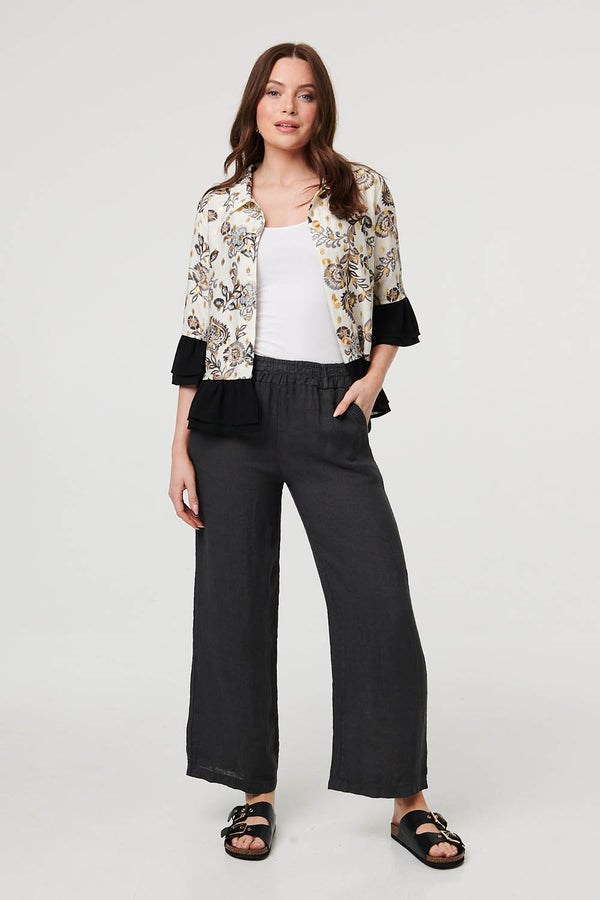Grey | High Waist Wide Ankle Length Trousers : Model is 5'9"/175 cm and wears UK8/EU36/US4/AUS8