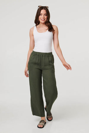 Khaki | High Waist Wide Ankle Length Trousers : Model is 5'9