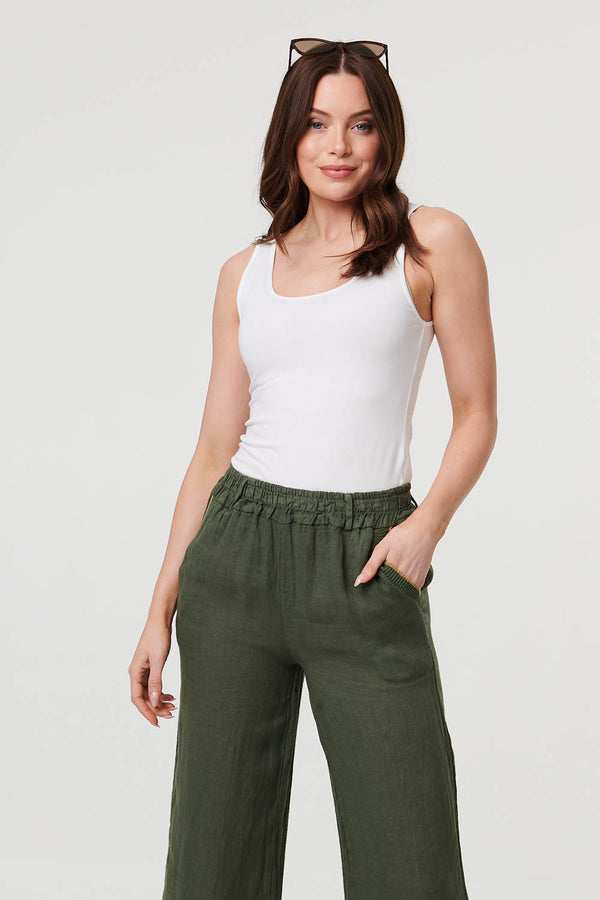 Khaki | High Waist Wide Ankle Length Trousers