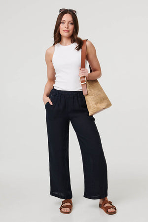 Navy | High Waist Wide Ankle Length Trousers : Model is 5'9