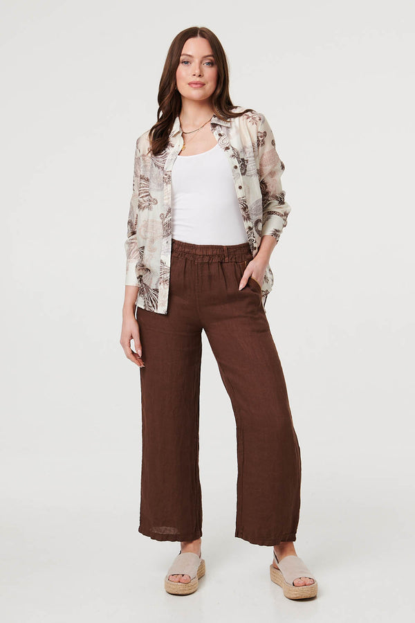 Brown | High Waist Wide Ankle Length Trousers : Model is 5'9"/175 cm and wears UK8/EU36/US4/AUS8