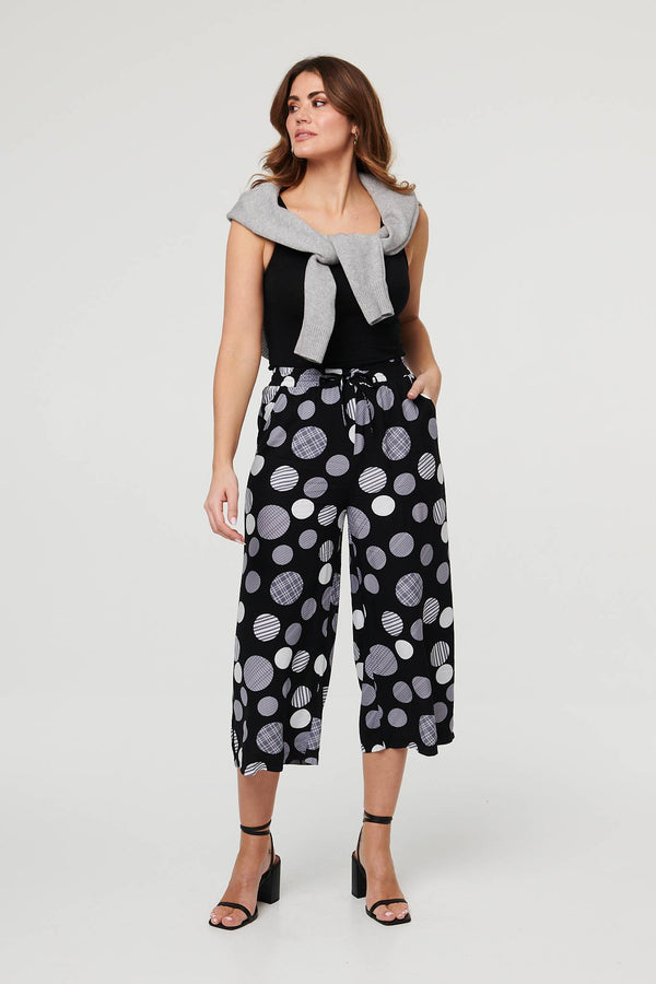 Black | Spotty Print Tie Waist Cropped Trousers