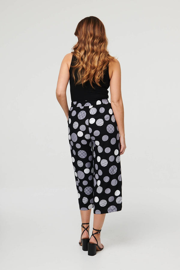 Black | Spotty Print Tie Waist Cropped Trousers