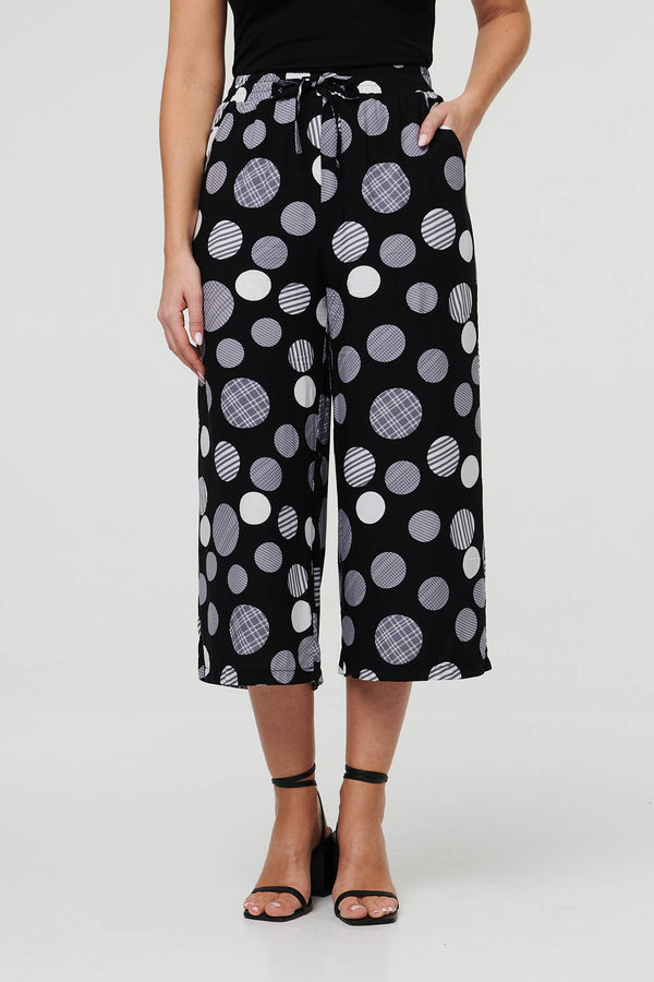 Black | Spotty Print Tie Waist Cropped Trousers