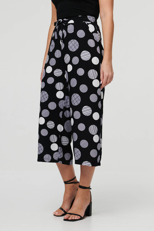 Black | Spotty Print Tie Waist Cropped Trousers