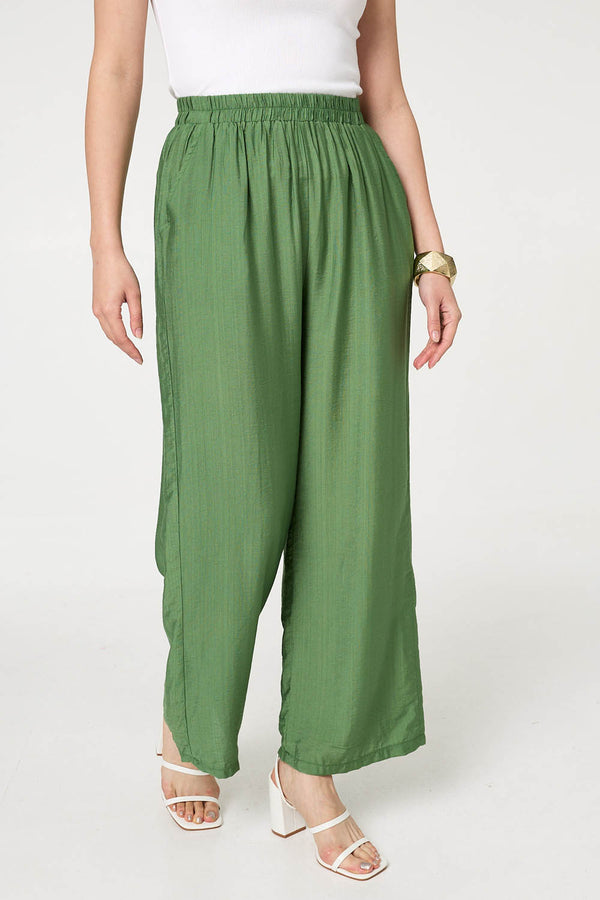 Khaki | Elasticated High Waist Wide Leg Trousers