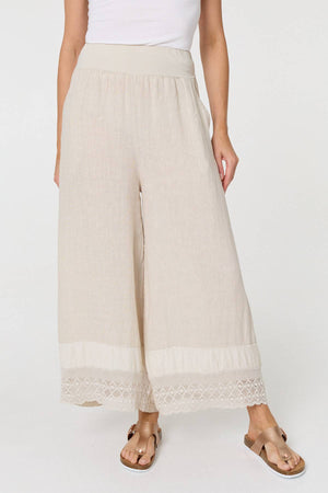 Beige | Sequin Embellished Wide Leg Trousers
