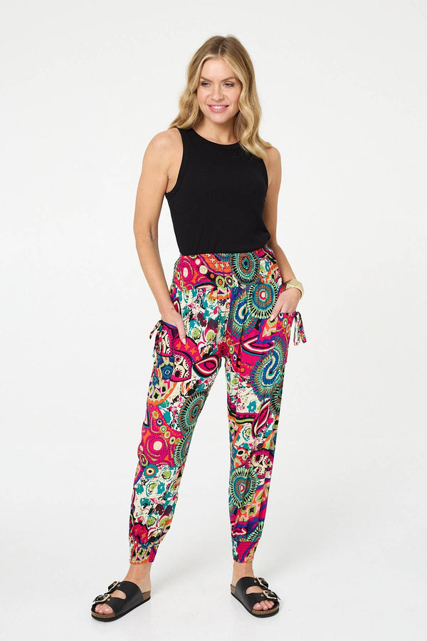 Pink | Abstract Shirred High Waist Harem Pants