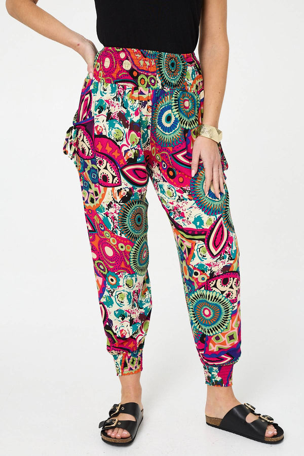 Pink | Abstract Shirred High Waist Harem Pants