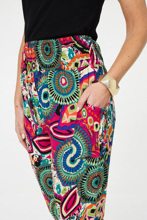 Pink | Abstract Shirred High Waist Harem Pants