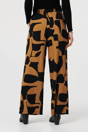Brown | Abstract Drawstring Waist Wide Trousers