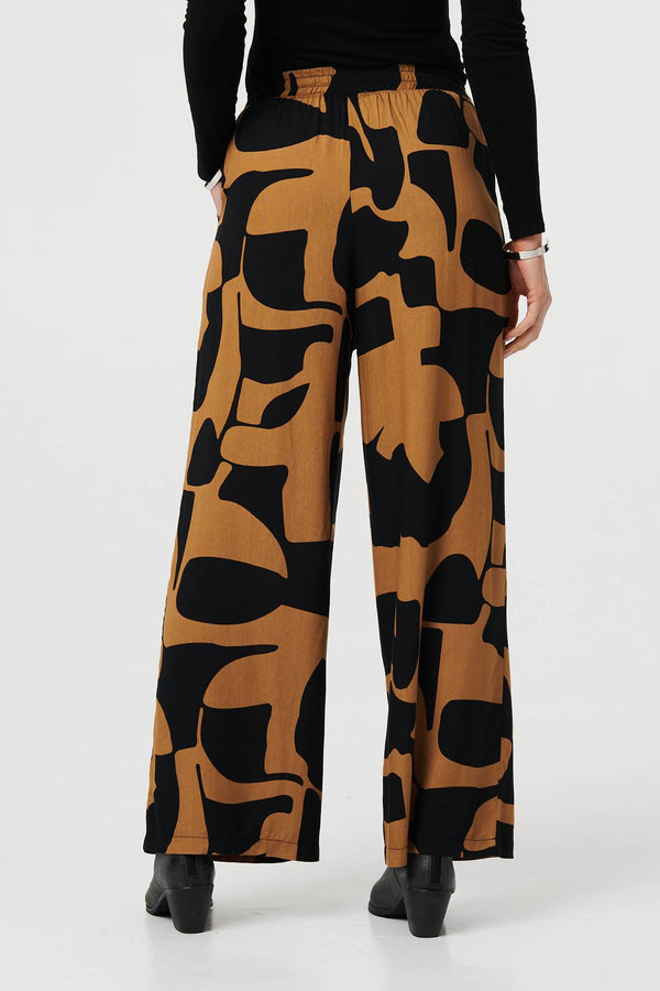 Brown | Abstract Drawstring Waist Wide Trousers