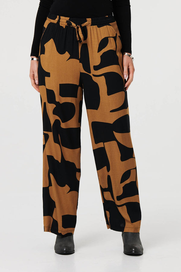 Brown | Abstract Drawstring Waist Wide Trousers