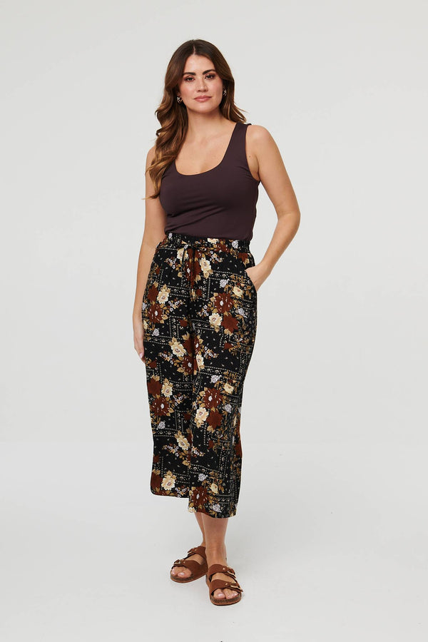 Black | Printed High Waist Wide Cropped Trousers
