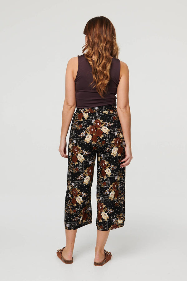 Black | Printed High Waist Wide Cropped Trousers