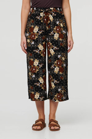 Black | Printed High Waist Wide Cropped Trousers
