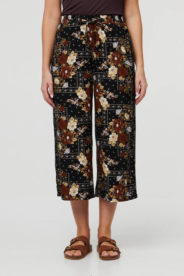 Black | Printed High Waist Wide Cropped Trousers