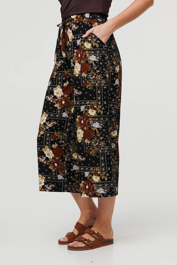 Black | Printed High Waist Wide Cropped Trousers