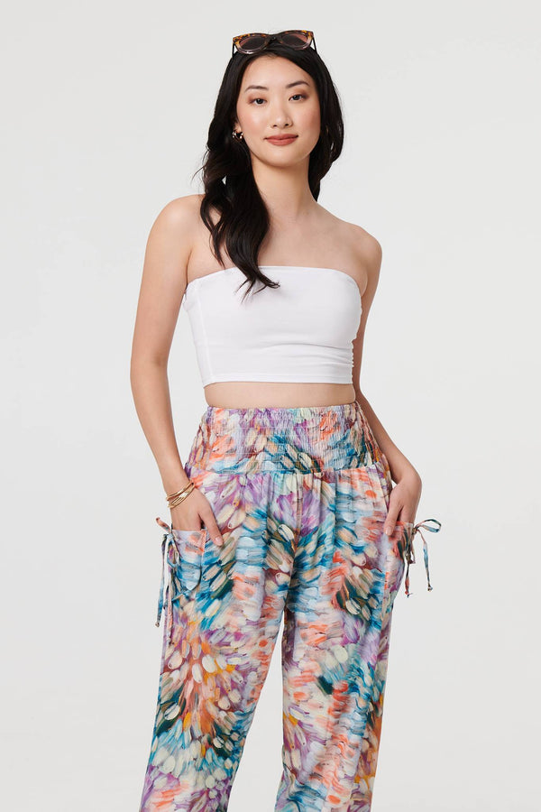 Blue | Printed High Waist Shirred Harem Pants
