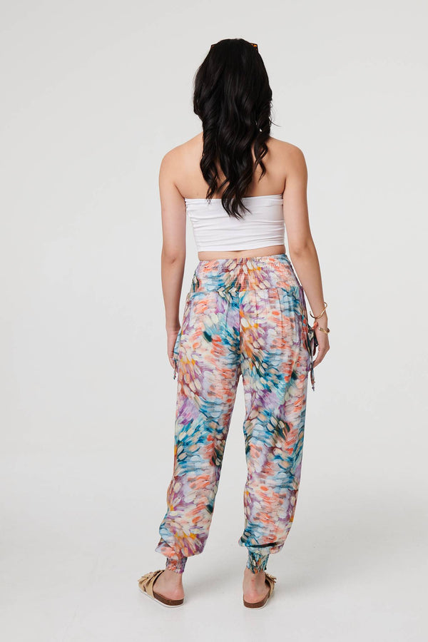 Blue | Printed High Waist Shirred Harem Pants
