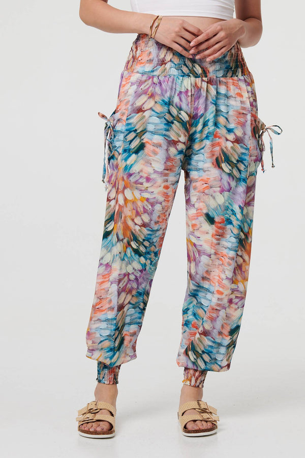 Blue | Printed High Waist Shirred Harem Pants
