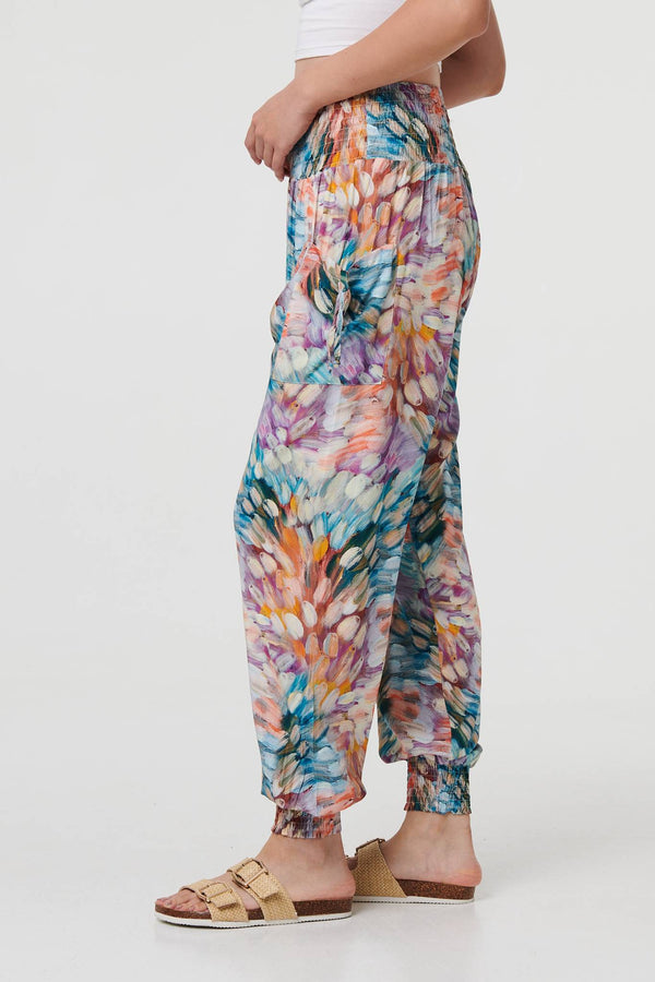 Blue | Printed High Waist Shirred Harem Pants
