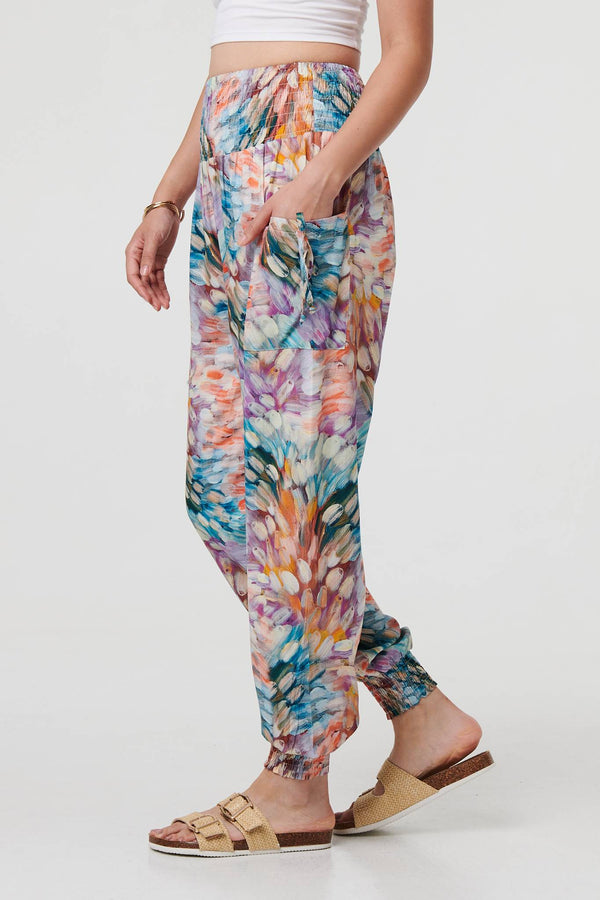 Blue | Printed High Waist Shirred Harem Pants
