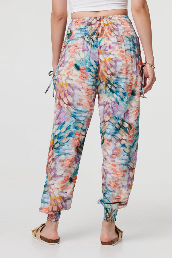 Blue | Printed High Waist Shirred Harem Pants

