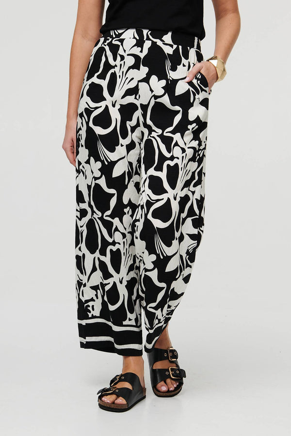 Black | Abstract Floral Wide Leg Trousers