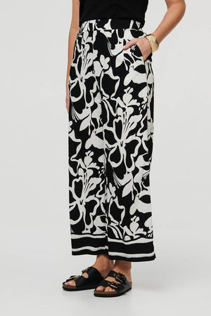 Black | Abstract Floral Wide Leg Trousers