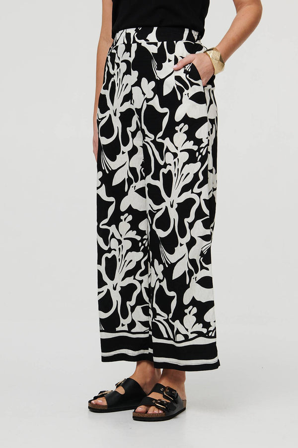 Black | Abstract Floral Wide Leg Trousers