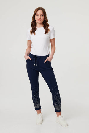 Navy | Diamante Detail Slim Cropped Trousers : Model is 5'9
