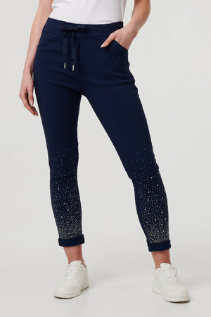 Navy | Diamante Detail Slim Cropped Trousers
